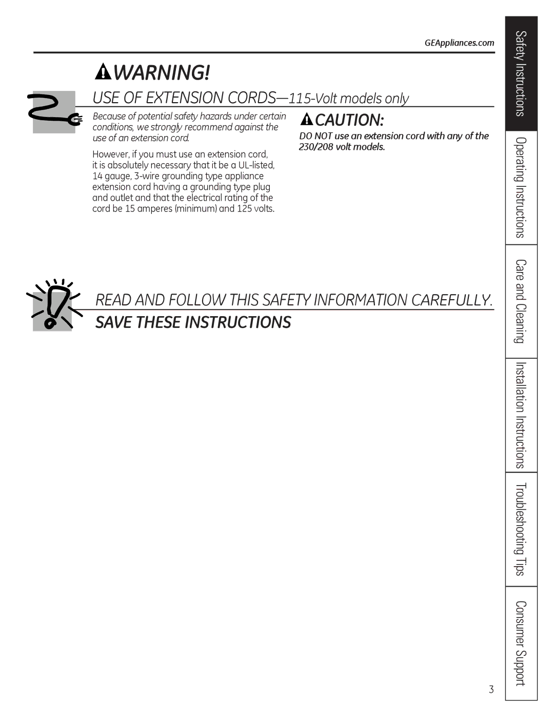 GE AED12*, AEQ10, AEQ12, AED10* installation instructions USE of Extension CORDS-115-Volt models only, GEAppliances.com 