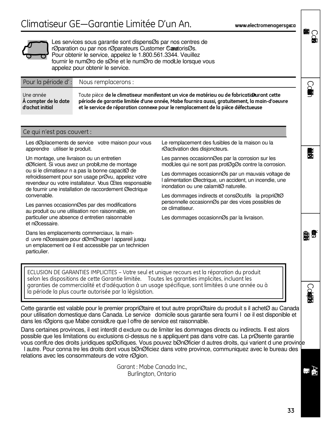 GE AEQ12, AEQ10 Climatiseur GE-Garantie Limitée D’un An, Pour la période d’ Nous remplacerons, Ce qui n’est pas couvert 