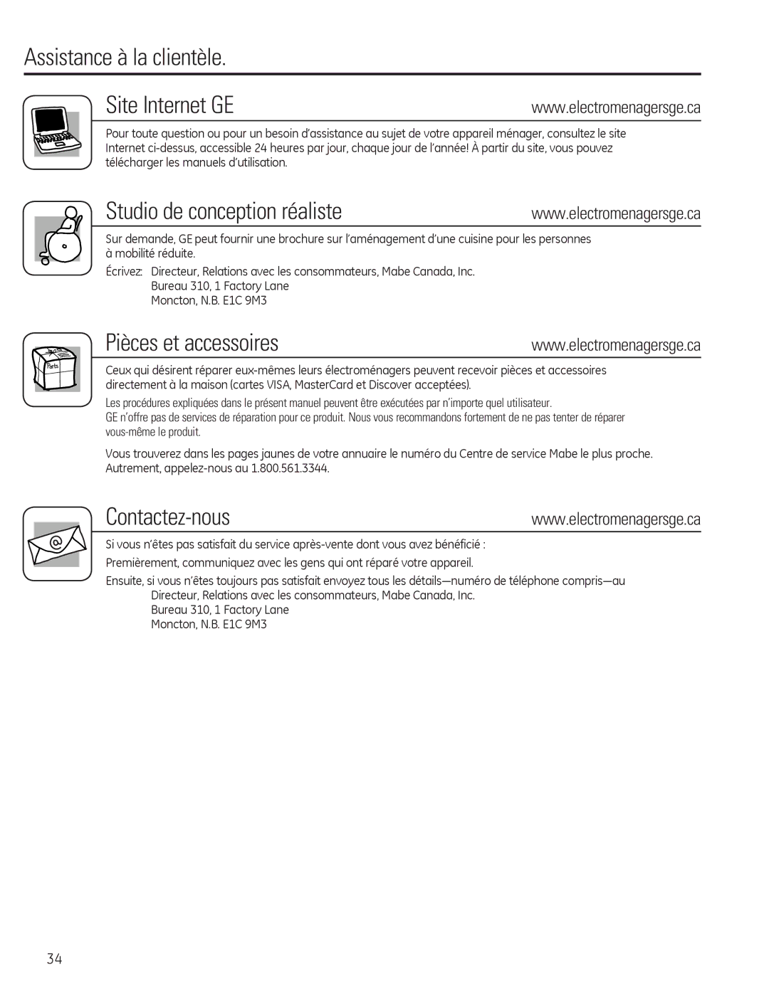 GE AED10*, AEQ10, AEQ12, AED12* installation instructions Assistance à la clientèle Site Internet GE 