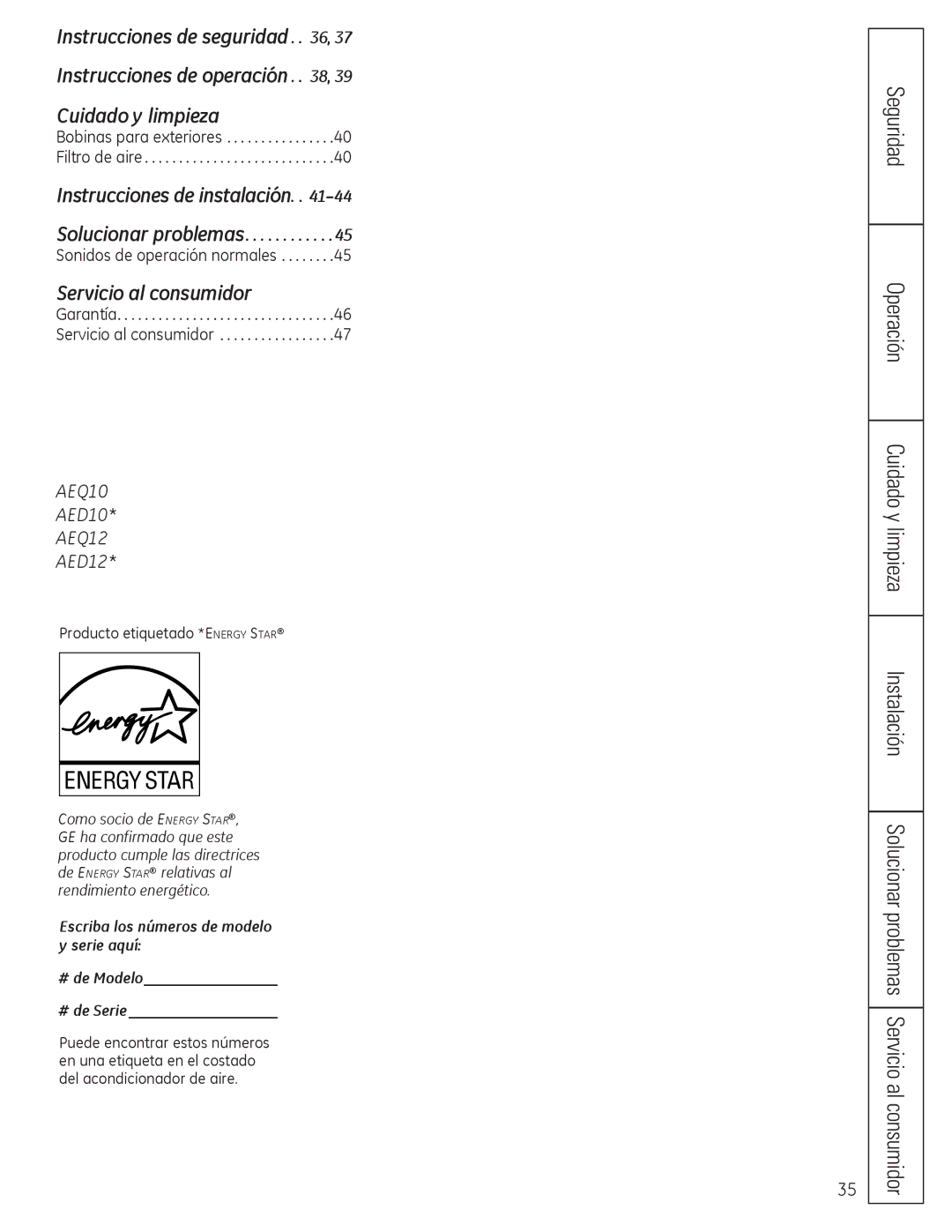 GE AED12*, AEQ10, AEQ12, AED10* Instrucciones de seguridad , 37 Instrucciones de operación, Producto etiquetado *EnErgy Star 