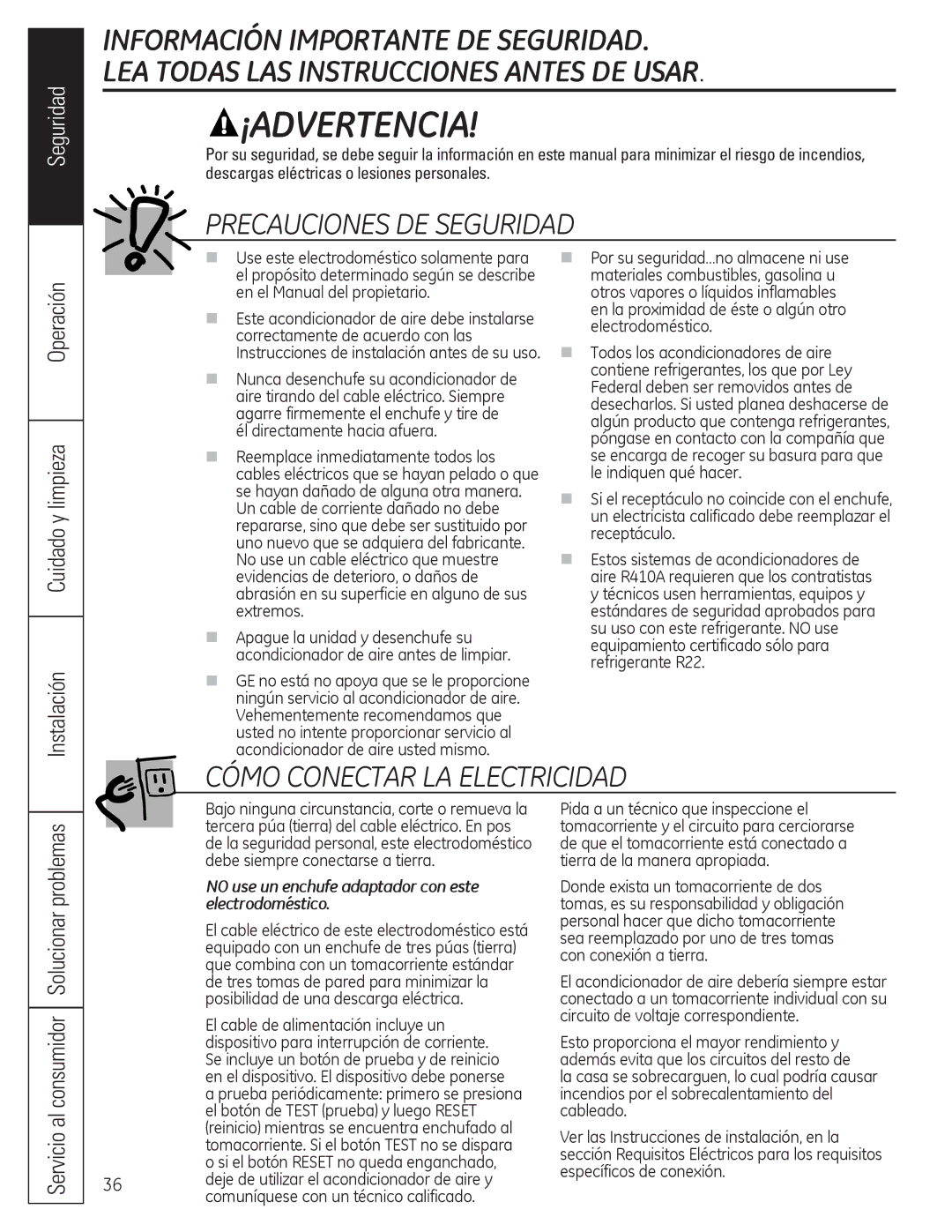 GE AEQ10, AEQ12, AED10*, AED12* installation instructions ¡Advertencia, No use un enchufe adaptador con este electrodoméstico 