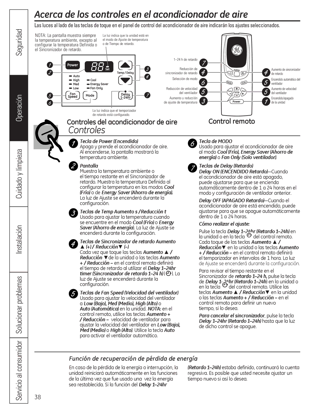 GE AED10*, AEQ10, AEQ12 Acerca de los controles en el acondicionador de aire, Función de recuperación de pérdida de energía 