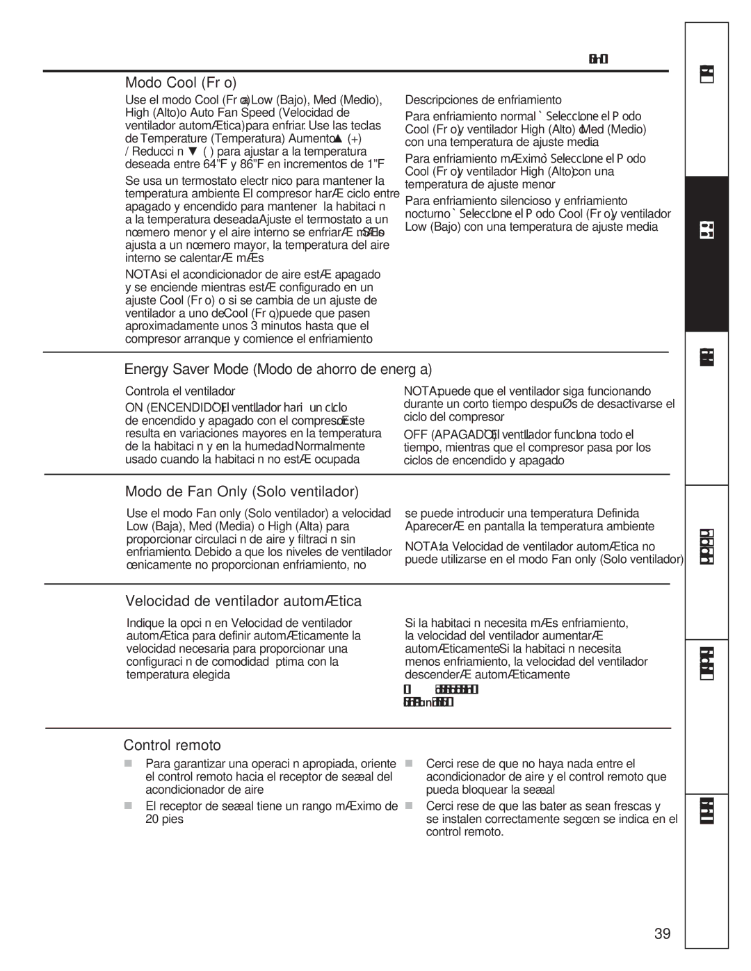 GE AED12* Modo Cool Frío, Energy Saver Mode Modo de ahorro de energía, Modo de Fan Only Solo ventilador, Control remoto 