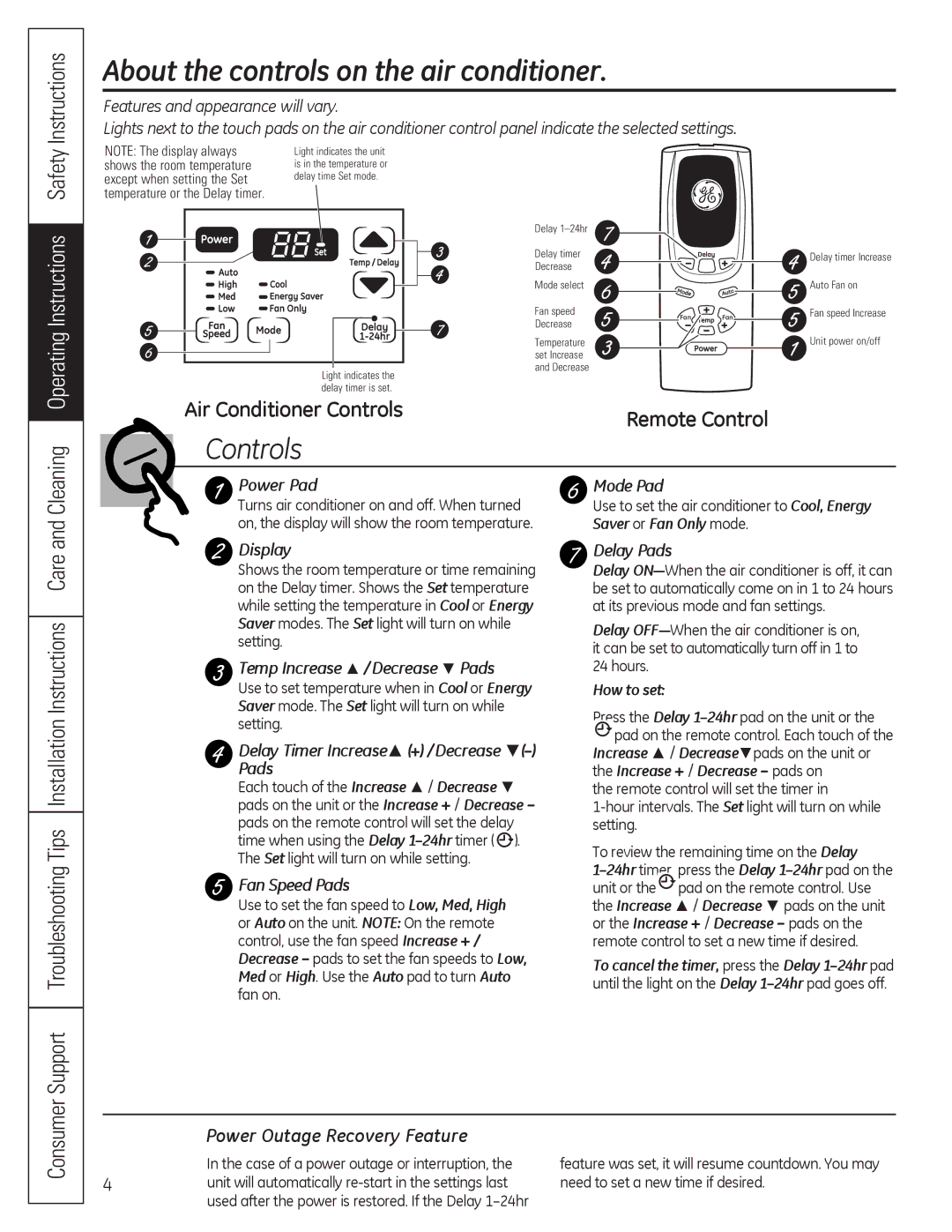 GE AEQ10, AEQ12, AED10*, AED12* About the controls on the air conditioner, Power Outage Recovery Feature 