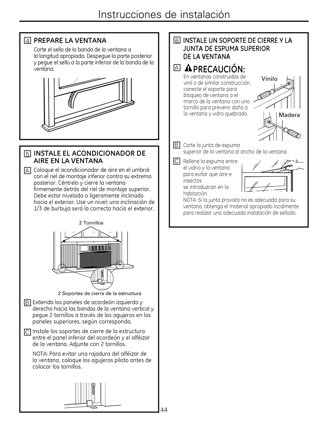 GE AEQ10, AEQ12, AED10*, AED12* installation instructions Prepare LA Ventana, DE LA Ventana, En ventanas construidas de 