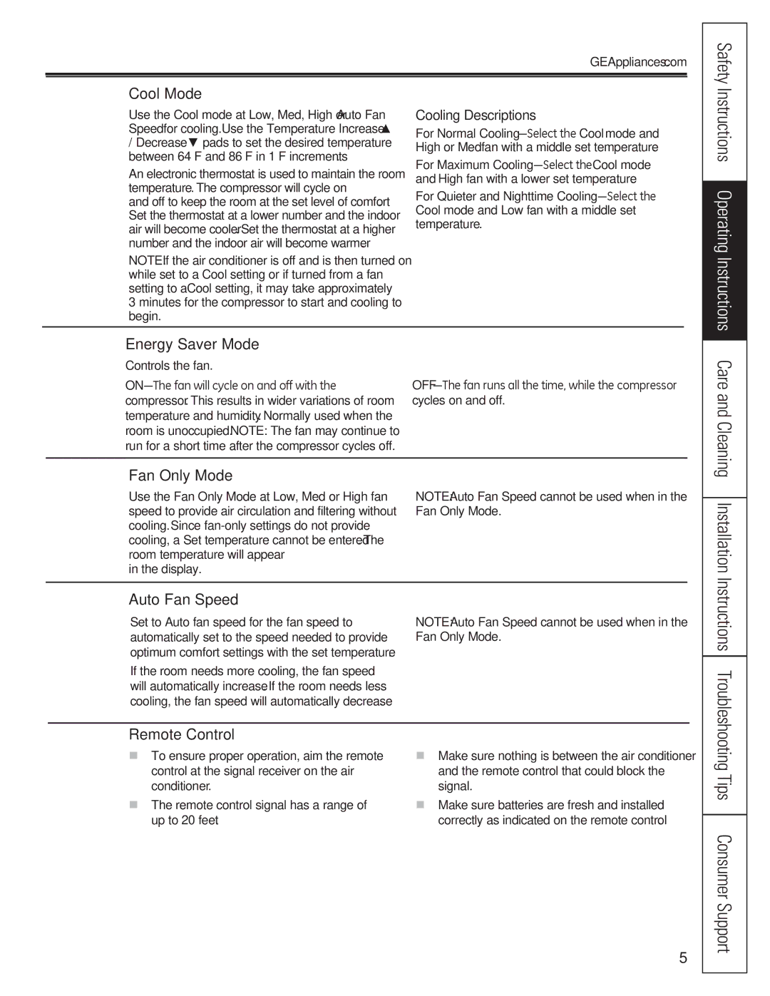 GE AEQ12, AEQ10, AED10*, AED12* Cool Mode, Energy Saver Mode, Fan Only Mode, Auto Fan Speed, Remote Control 