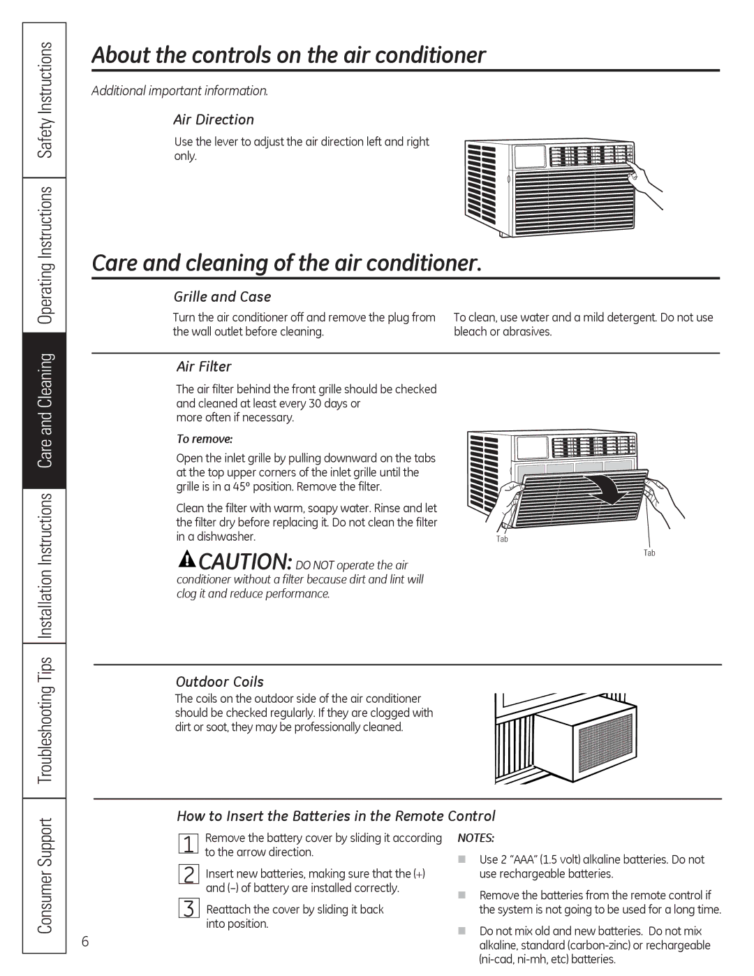 GE AED10*, AEQ10, AEQ12, AED12* installation instructions Care and cleaning of the air conditioner 