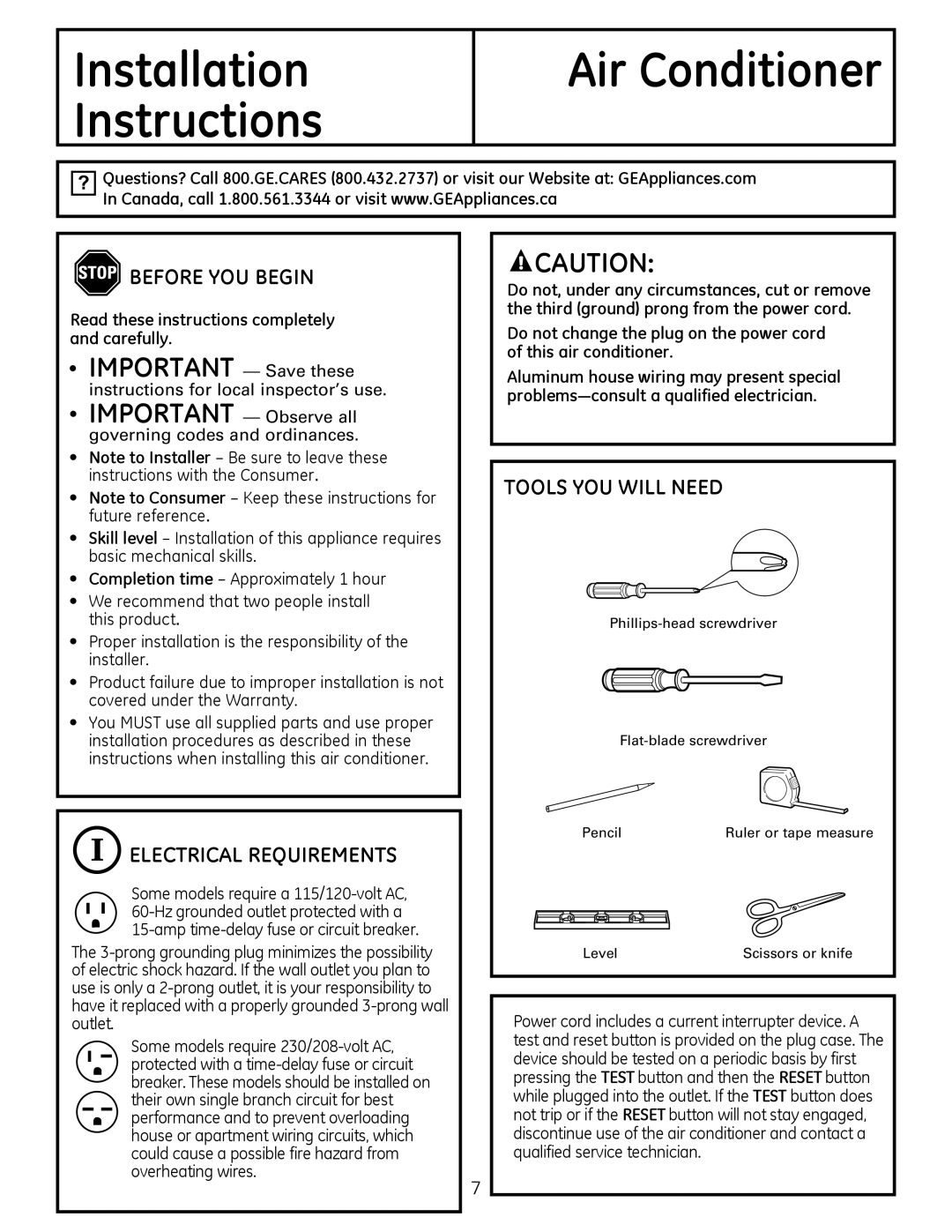 GE AED12*, AEQ10, AEQ12, AED10* installation instructions Before YOU Begin, Electrical Requirements, Tools YOU will Need 