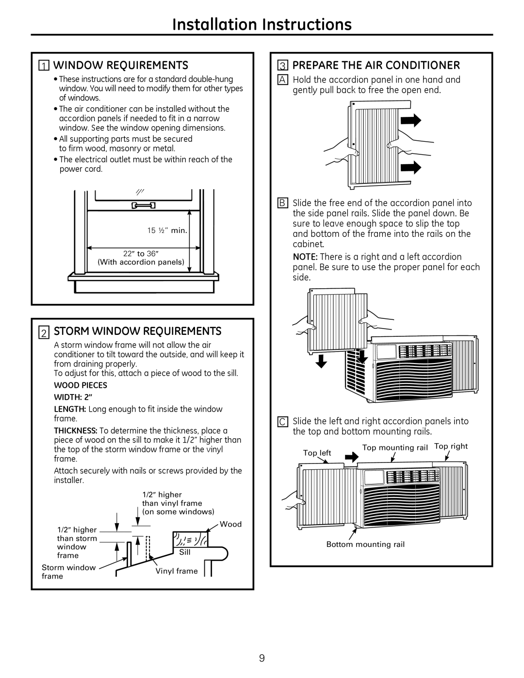 GE AEQ12, AEQ10, AED10*, AED12* installation instructions Storm Window Requirements 