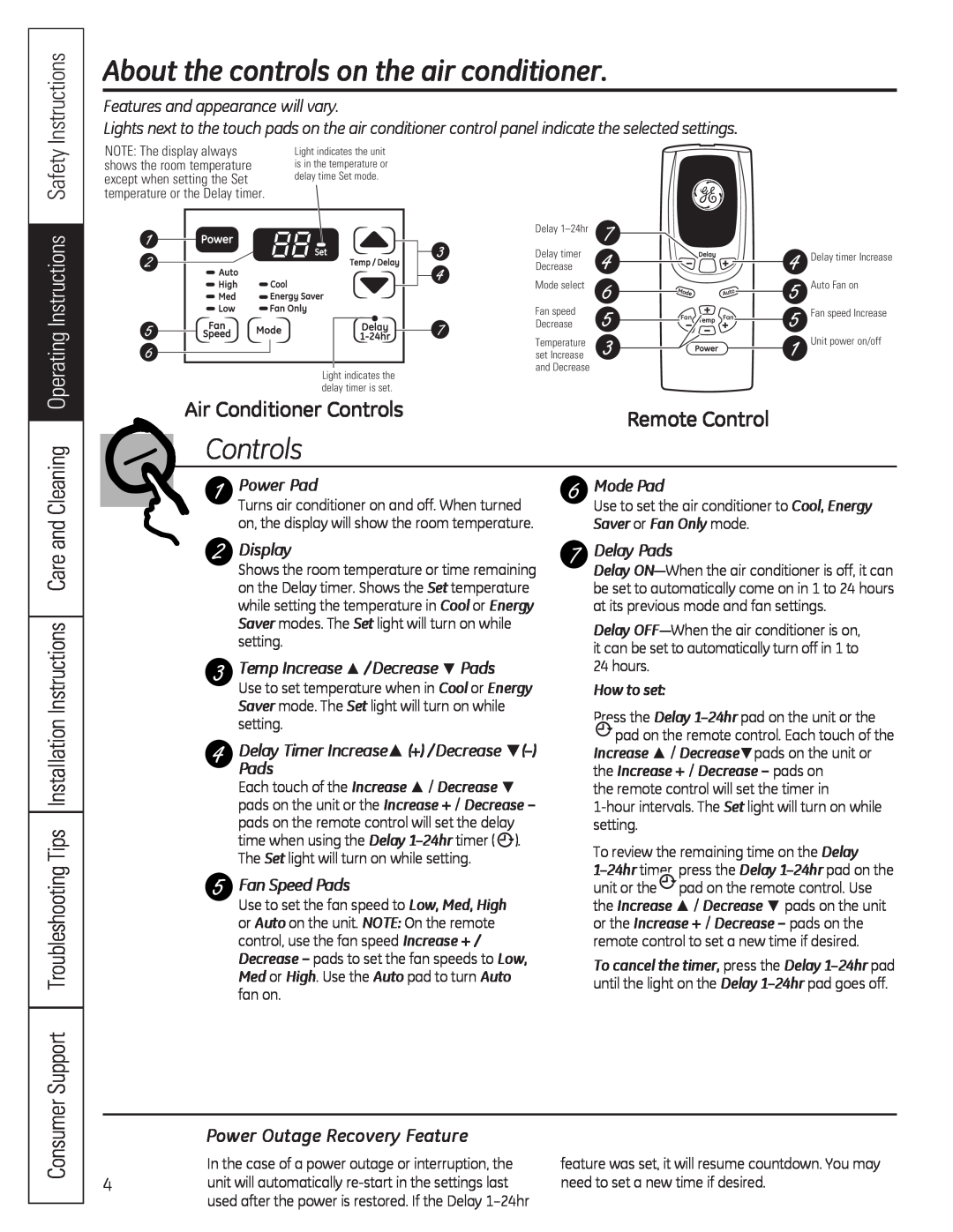 GE AEQ10 About the controls on the air conditioner, Instructions, Air Conditioner Controls, Remote Control, Consumer 
