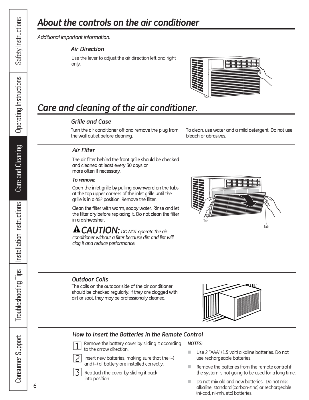 GE AED10* Care and cleaning of the air conditioner, About the controls on the air conditioner, Air Direction, Air Filter 
