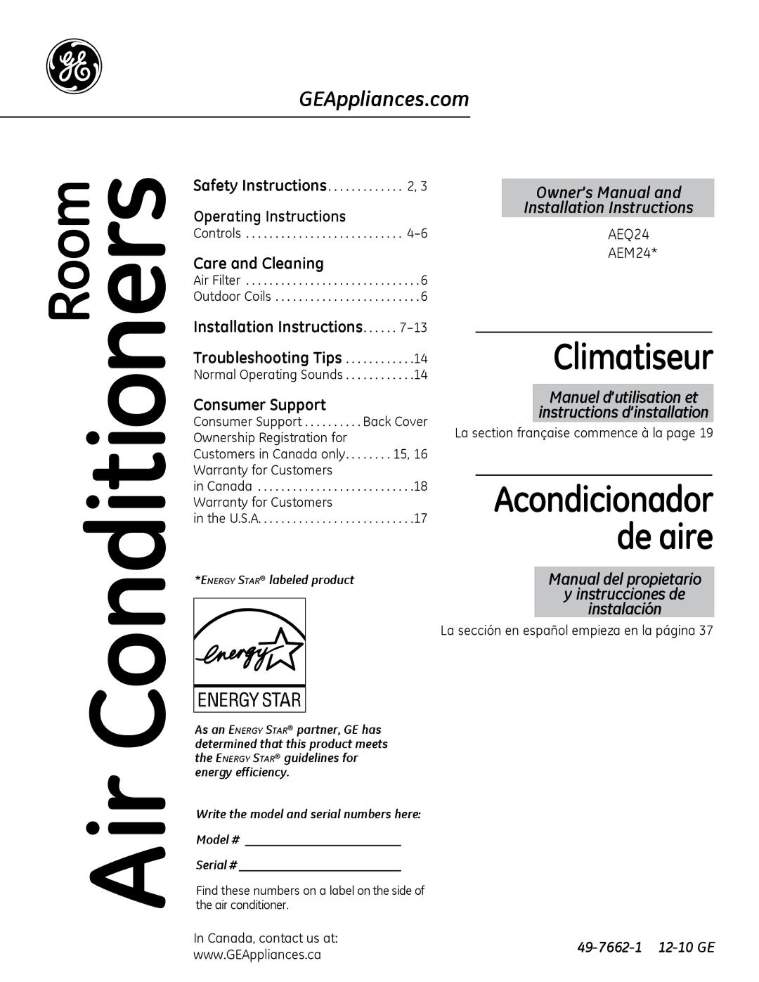 GE AEM2 installation instructions 49-7662-1, Manual del propietario, Instrucciones de, Instalación, Canada, contact us at 