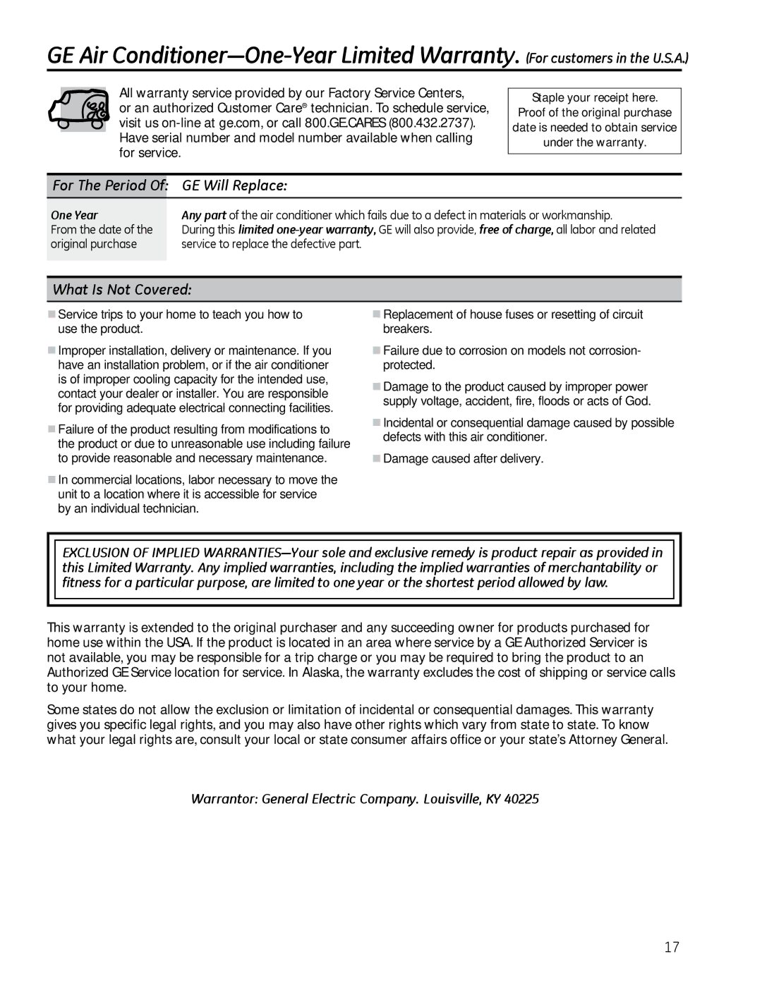 GE AEM2, AEQ2 GE Will Replace, What Is Not Covered, Warrantor General Electric Company. Louisville, KY, Period 