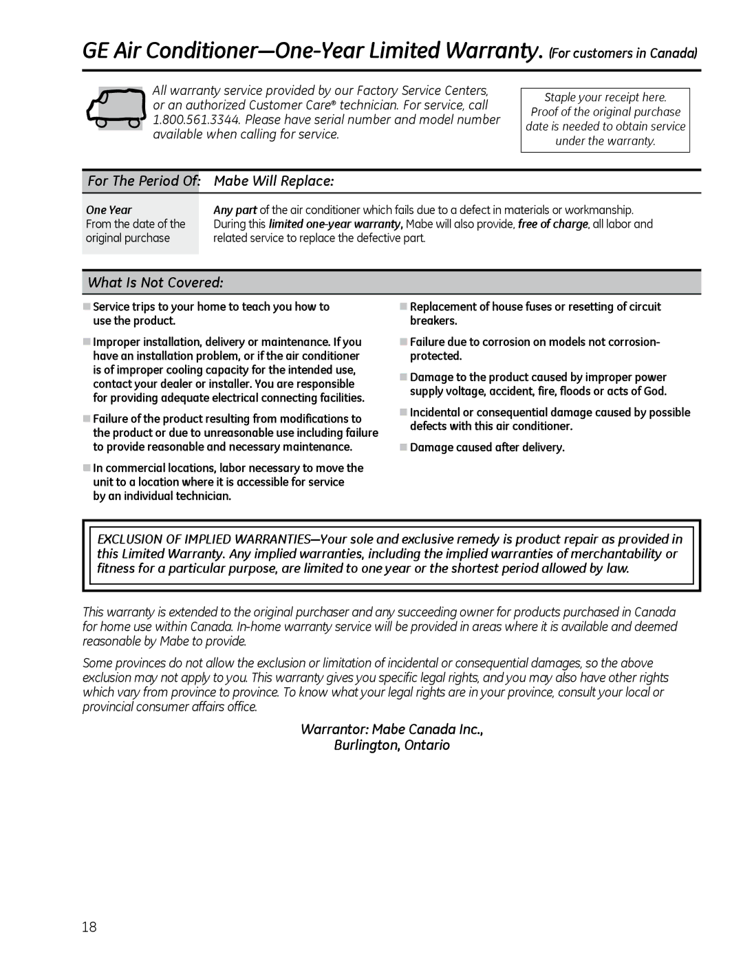 GE AEQ2, AEM2 installation instructions Mabe Will Replace, Warrantor Mabe Canada Inc Burlington, Ontario 