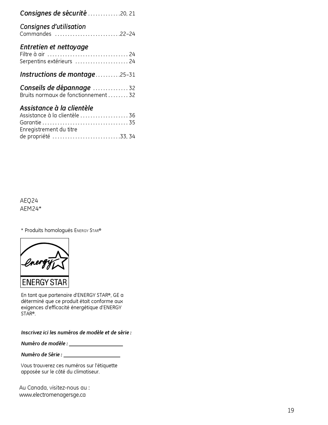 GE AEM2 Consignes de sécurité . . . . . . . . . . . . .20, Commandes, Instructions de montage, Au Canada, visitez-nous au 