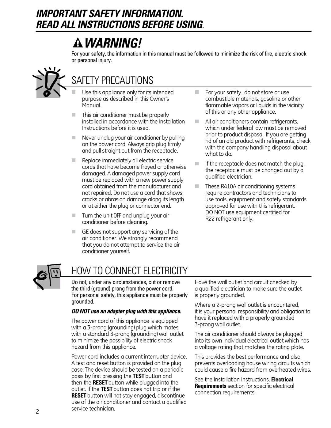 GE AEQ2, AEM2 Do not use equipment certified for R22 refrigerant only, DO NOT use an adapter plug with this appliance 