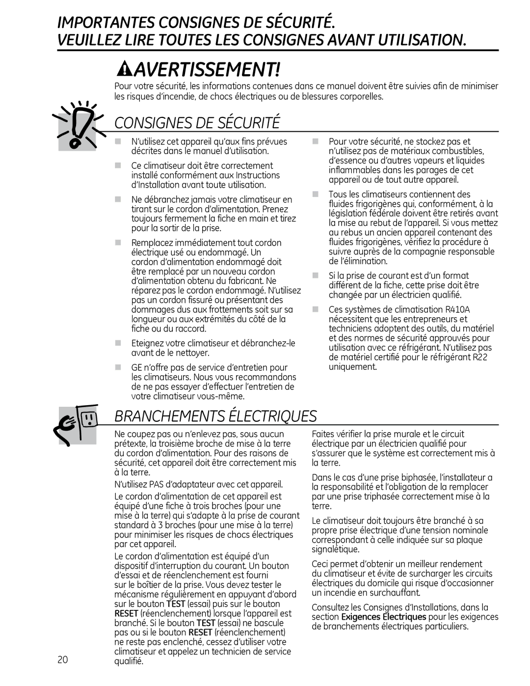 GE AEQ2, AEM2 installation instructions Avertissement 