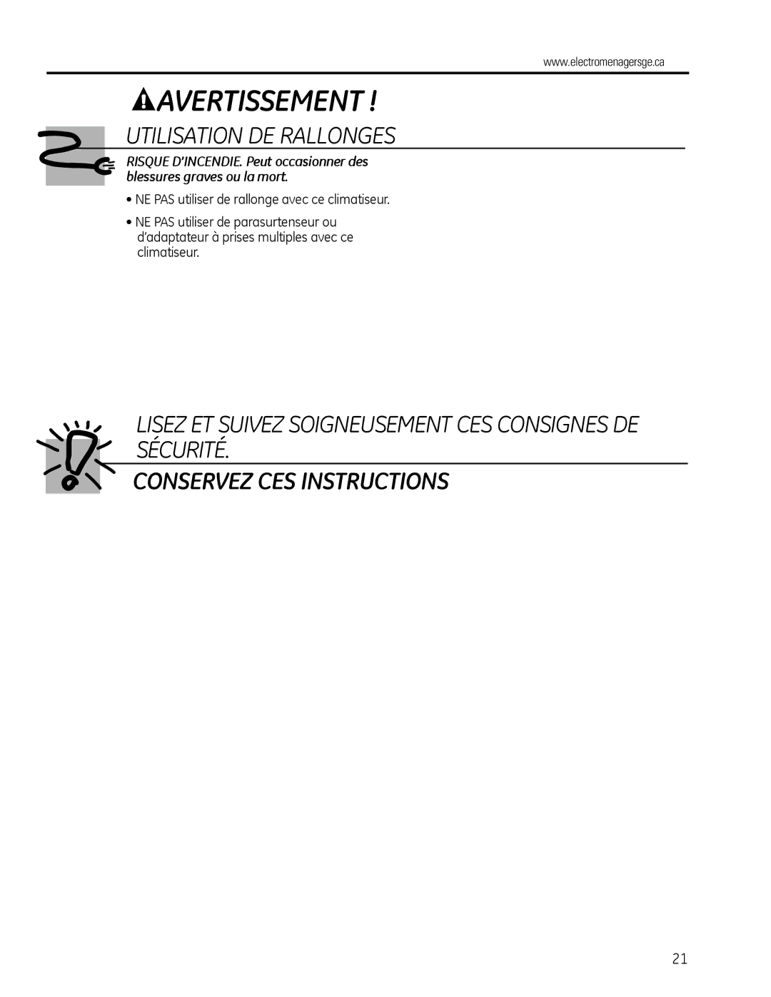 GE AEM2, AEQ2 installation instructions Conservez CES Instructions 