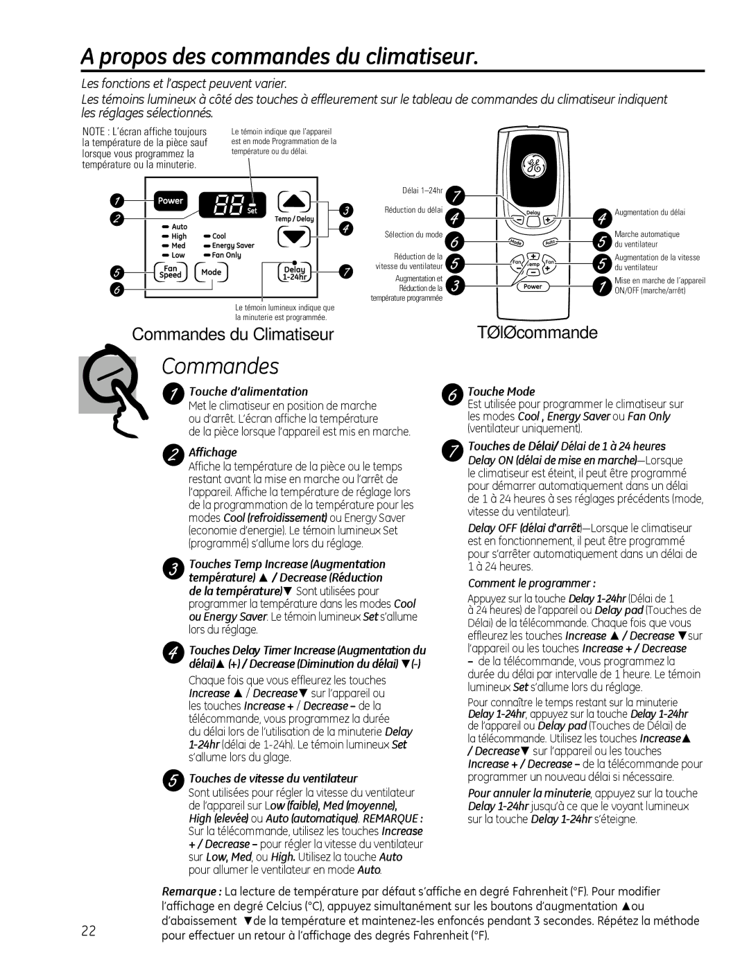 GE AEQ2, AEM2 installation instructions Propos des commandes du climatiseur, Commandes du Climatiseur, Télécommande 