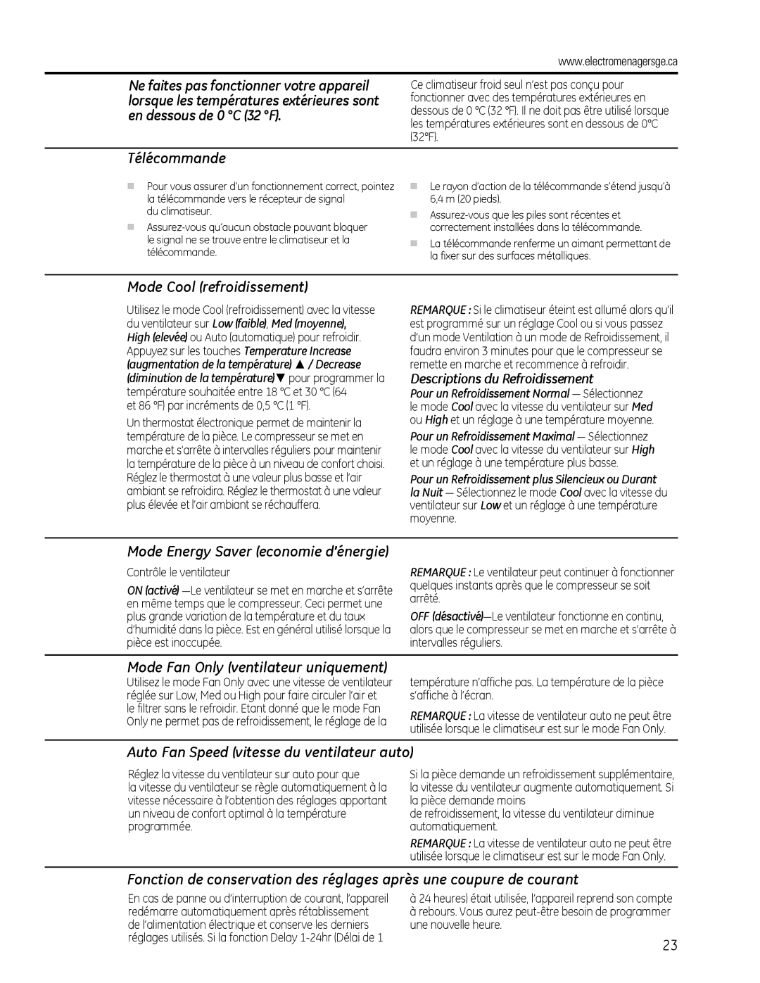 GE AEM2, AEQ2 installation instructions Télécommande, Mode Cool refroidissement, Mode Fan Only ventilateur uniquement 