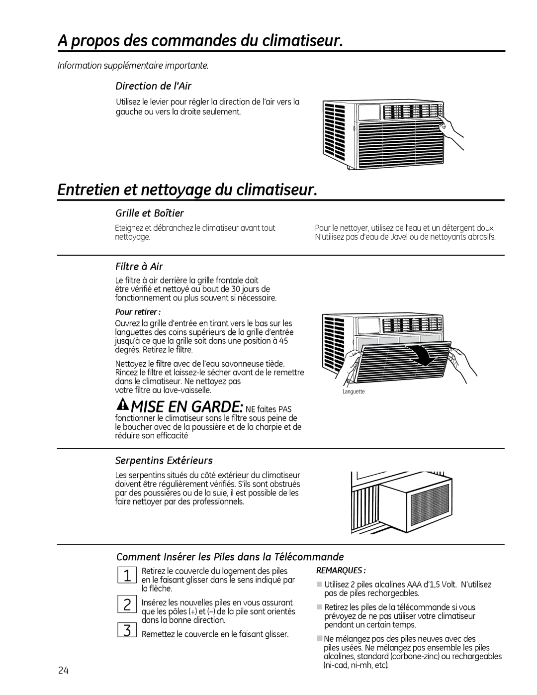 GE AEQ2, AEM2 installation instructions Entretien et nettoyage du climatiseur, Mise EN Garde NE faites PAS 