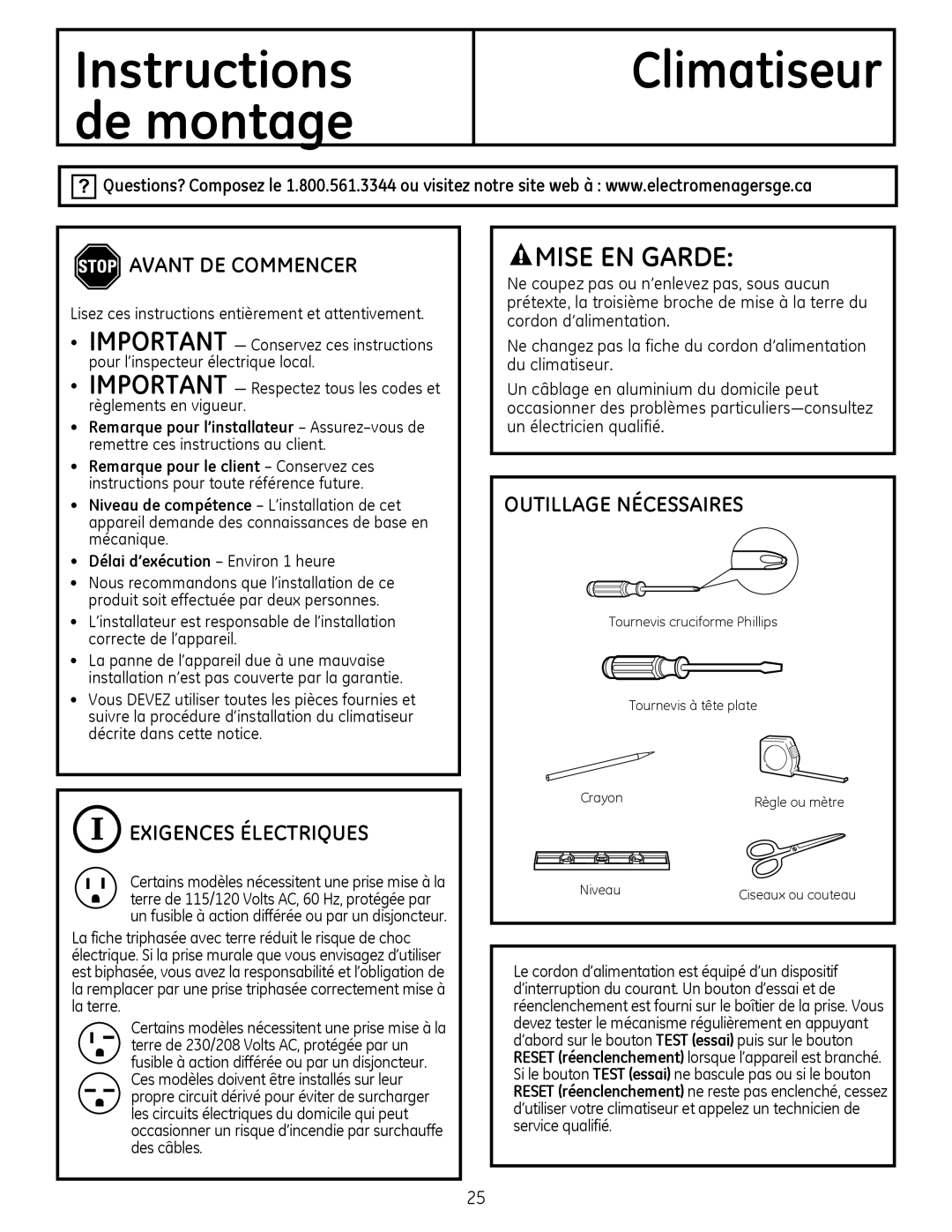 GE AEM2 Avant DE Commencer, Exigences Électriques, Outillage Nécessaires, Certains modèles nécessitent une prise mise à la 