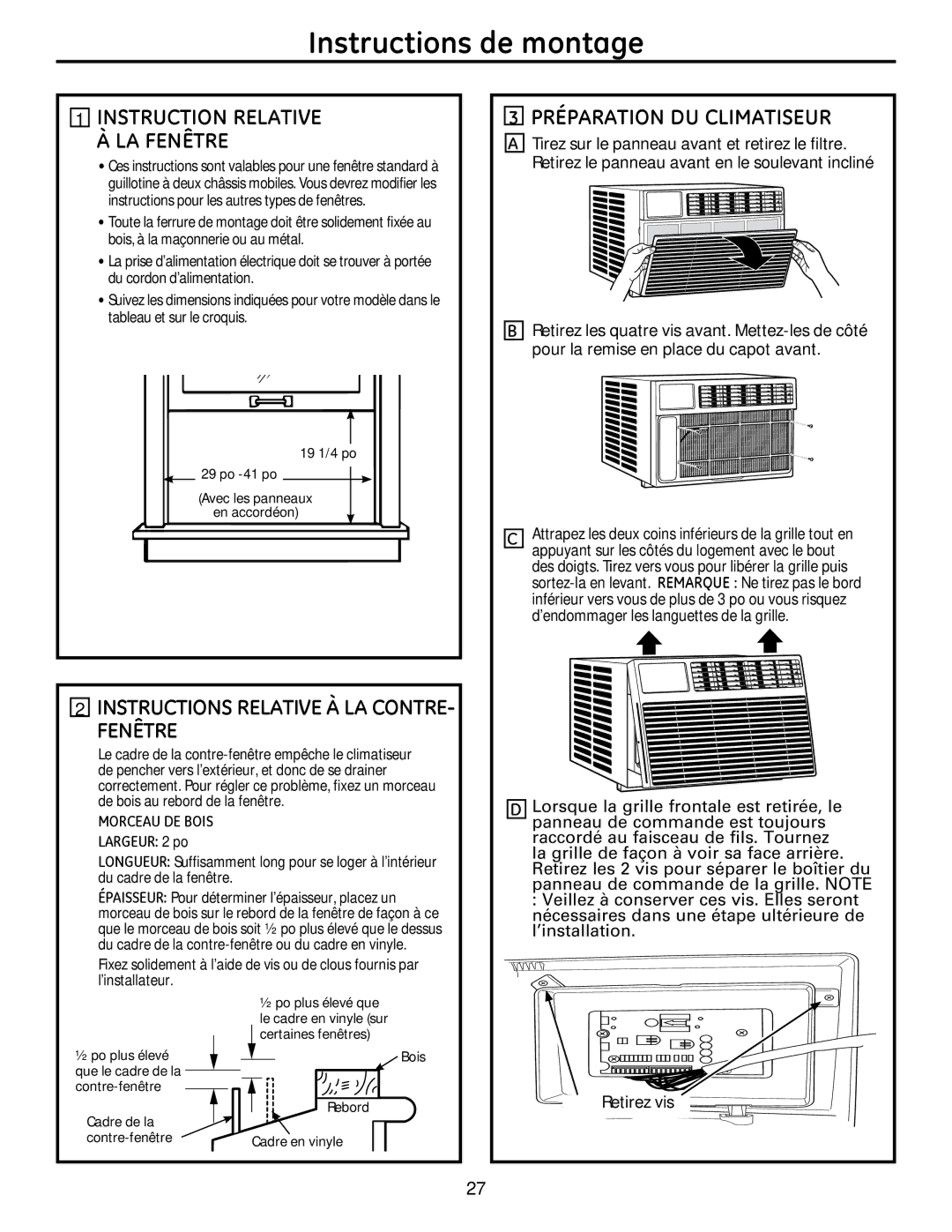 GE AEM2, AEQ2 installation instructions Fenêtre, Préparation DU Climatiseur 