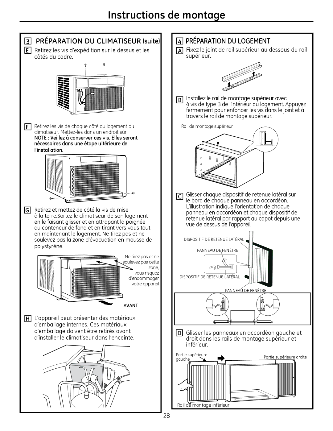 GE AEQ2, AEM2 installation instructions Préparation DU Logement, Préparation DU Climatiseur suite 