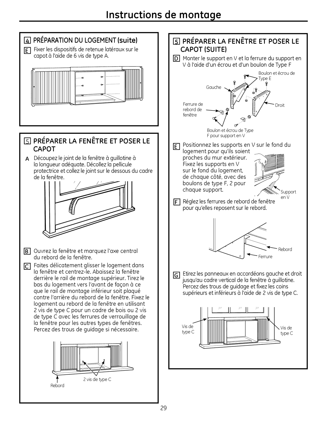 GE AEM2, AEQ2 installation instructions Préparation DU Logement suite, Préparer LA Fenêtre ET Poser LE Capot Suite 