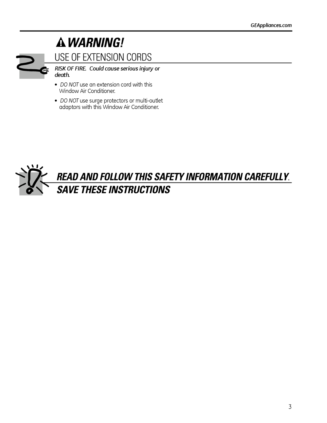 GE AEM2, AEQ2 Read and follow this Safety Information carefully, Risk of FIRE. Could cause serious injury or death 