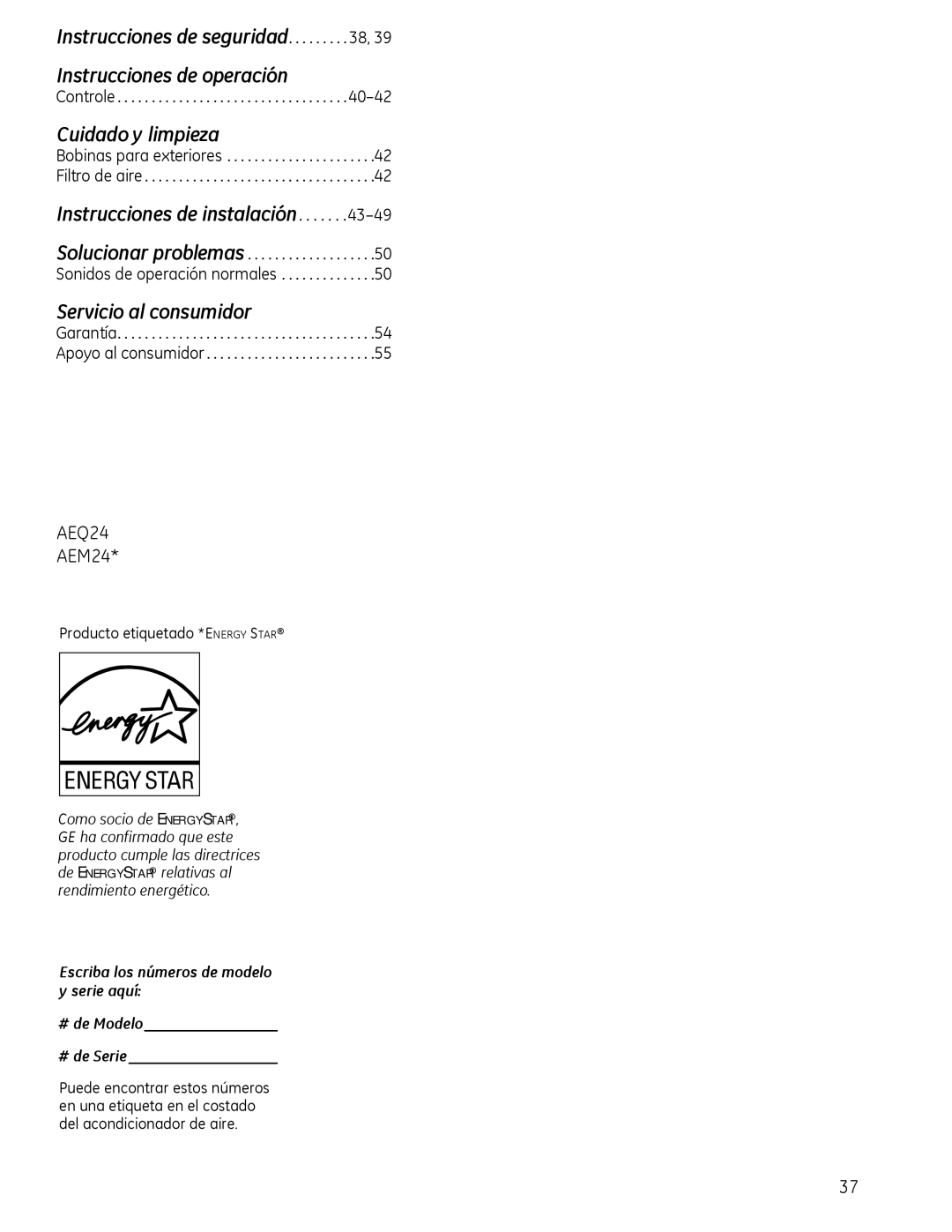 GE AEM2, AEQ2 installation instructions Controle, Producto etiquetado *Energy Star 