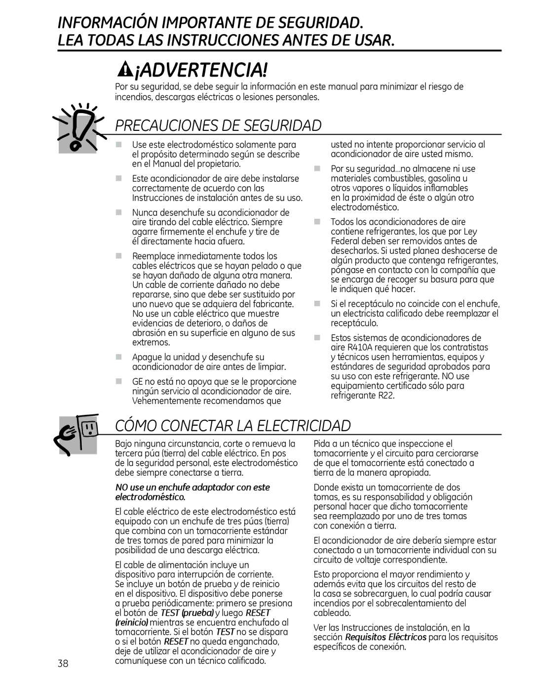 GE AEQ2, AEM2 NO use un enchufe adaptador con este electrodoméstico, Comuníquese con un técnico calificado 