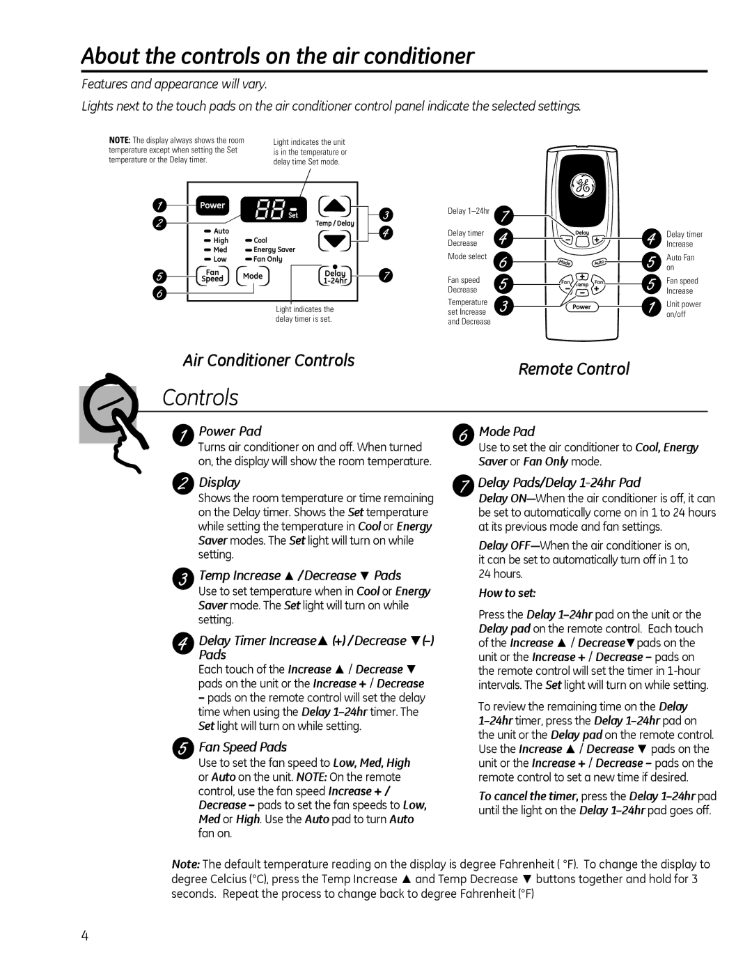 GE AEQ2, AEM2 installation instructions About the controls on the air conditioner, Remote Control 