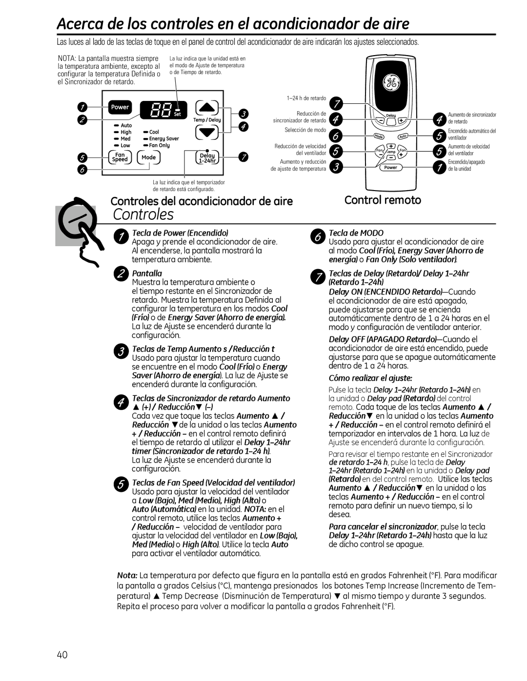 GE AEQ2, AEM2 Acerca de los controles en el acondicionador de aire, Control remoto, Controles del acondicionador de aire 