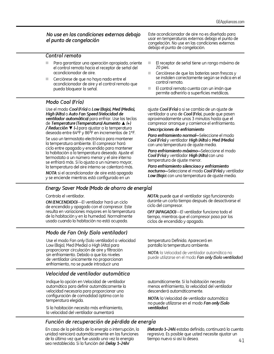 GE AEM2 Control remoto, Modo Cool Frío, Energy Saver Mode Modo de ahorro de energía, Modo de Fan Only Solo ventilador 