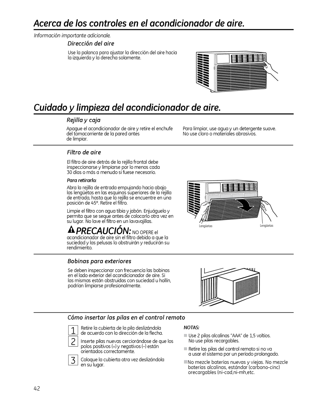 GE AEQ2, AEM2 installation instructions Cuidado y limpieza del acondicionador de aire, Precaución no Opere el 