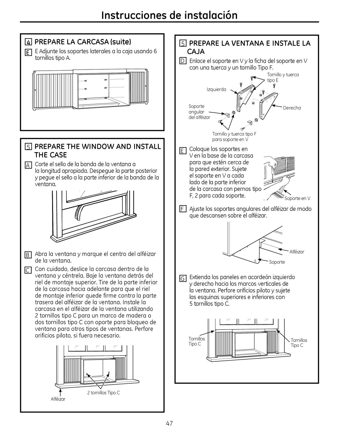 GE AEM2, AEQ2 installation instructions Prepare LA Carcasa suite, Prepare LA Ventana E Instale LA Caja, Tornillos tipo C 