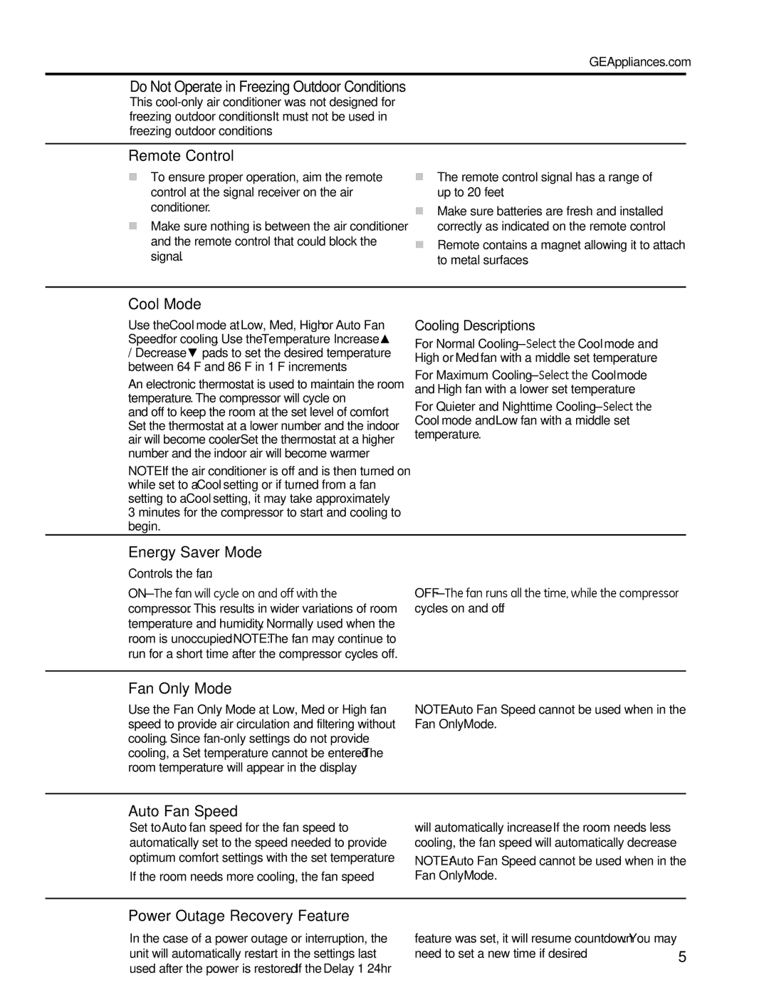 GE AEM2, AEQ2 Do Not Operate in Freezing Outdoor Conditions, Cool Mode, Energy Saver Mode, Fan Only Mode, Auto Fan Speed 