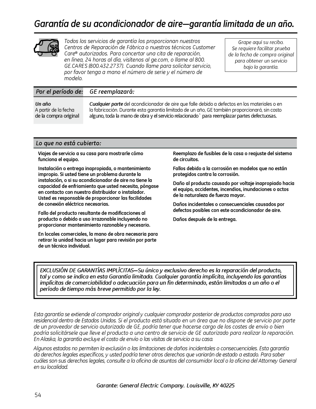 GE AEQ2, AEM2 ­Por el período de GE reemplazará, Lo que no está cubierto, Garante General Electric Company. Louisville, KY 