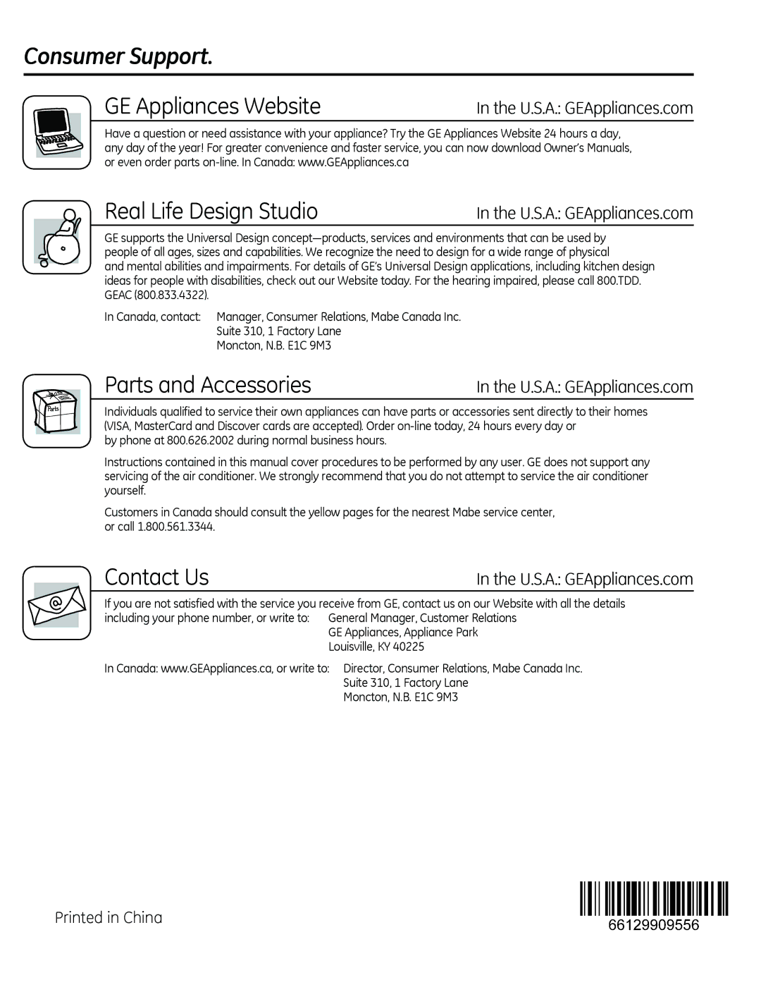 GE AEQ2, AEM2 installation instructions Consumer Support, U..S..A.. GEAppliances..com 