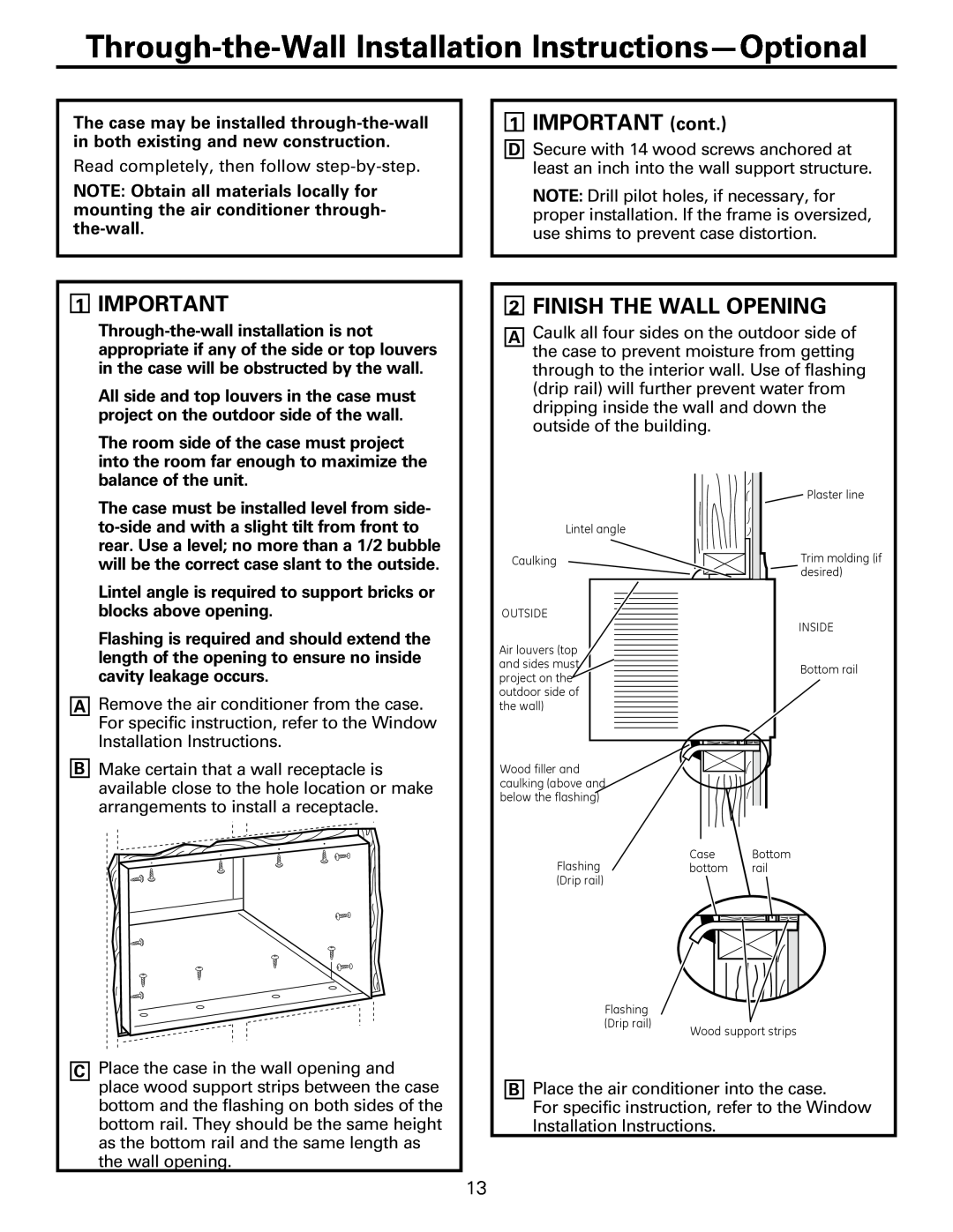 GE AEM2, AEQ2 installation instructions IMPORTANT cont, 1IMPORTANT, 2FINISH THE WALL OPENING 