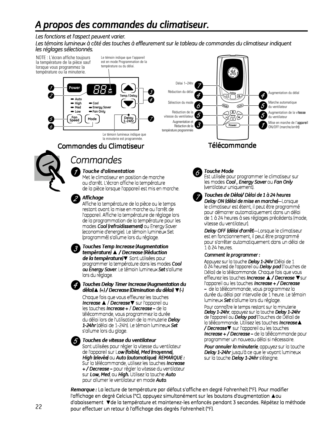 GE AEQ2, AEM2 A propos des commandes du climatiseur, Commandes du Climatiseur, Télécommande, Touche d’alimentation 