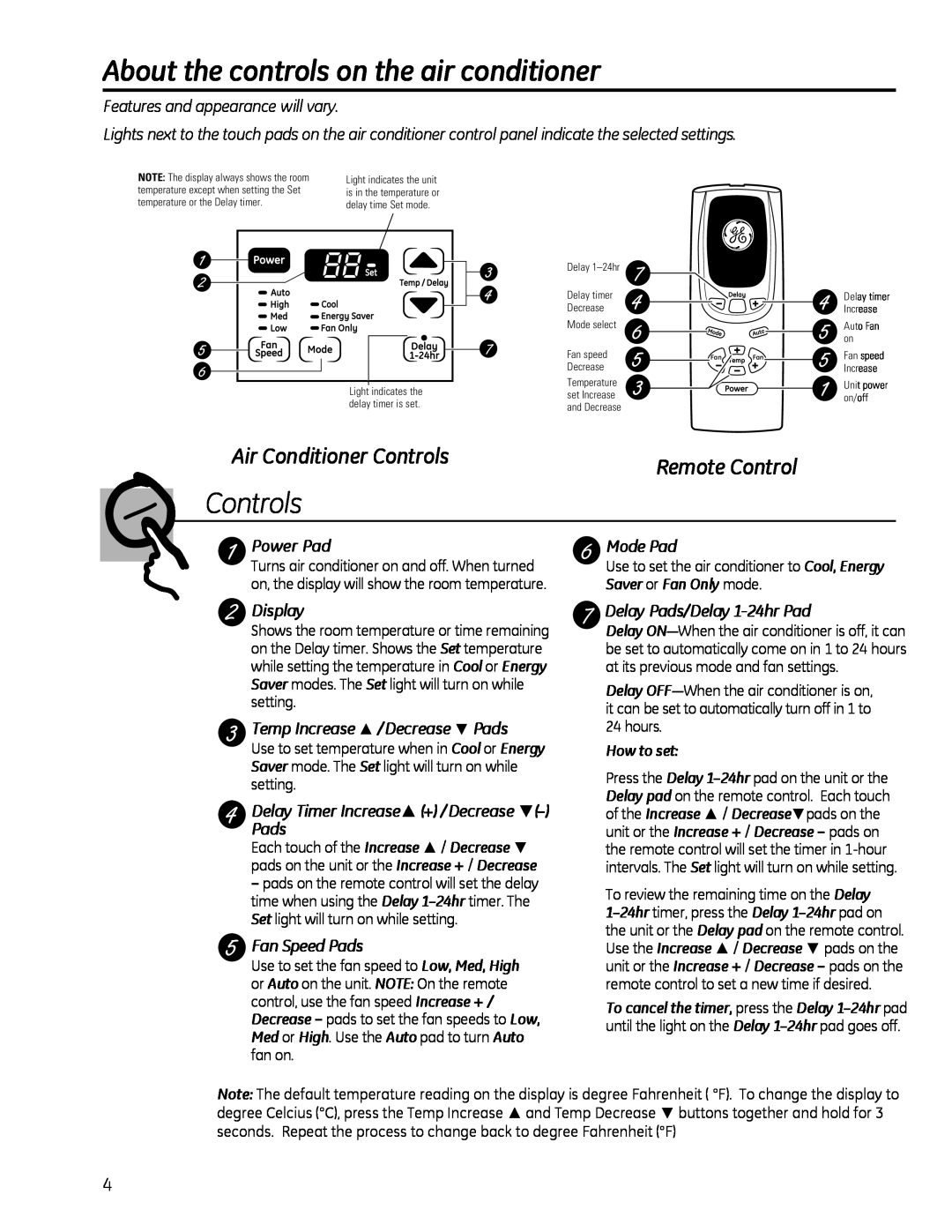 GE AEQ2, AEM2 About the controls on the air conditioner, Air Conditioner Controls, Remote Control, Power Pad, Mode Pad 