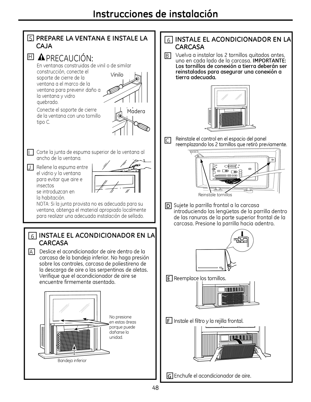 GE AEQ2, AEM2 installation instructions 6INSTALE EL ACONDICIONADOR EN LA CARCASA, Instrucciones de instalación, Precaución 