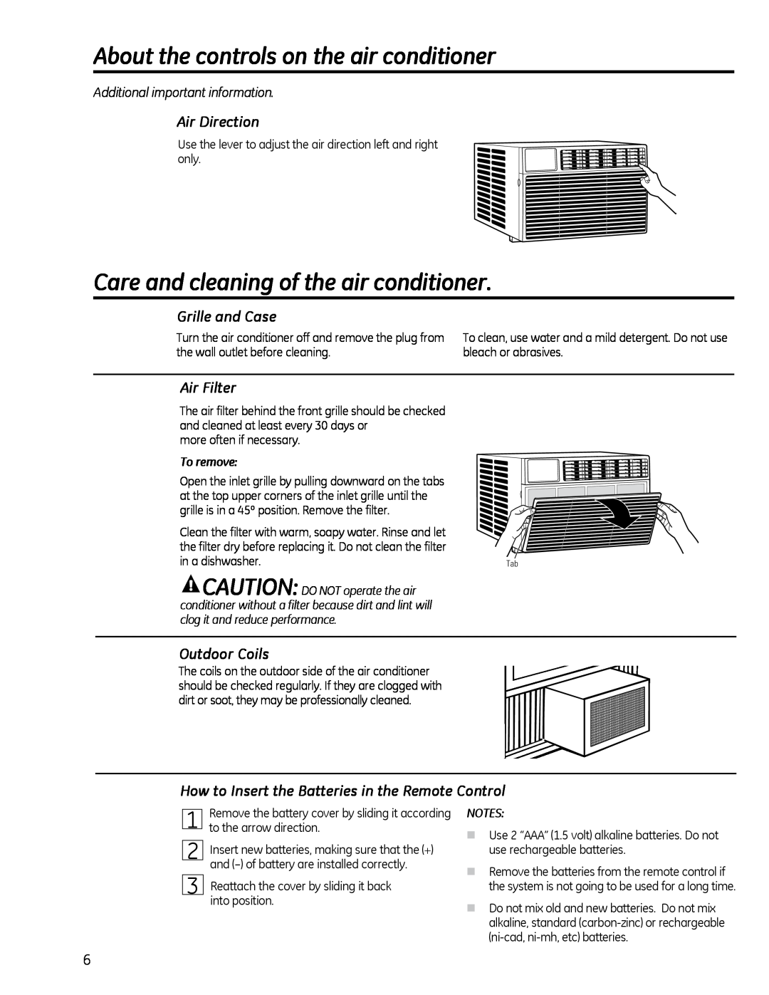 GE AEQ2 Care and cleaning of the air conditioner, Air Direction, Grille and Case, Air Filter, Outdoor Coils, To remove 