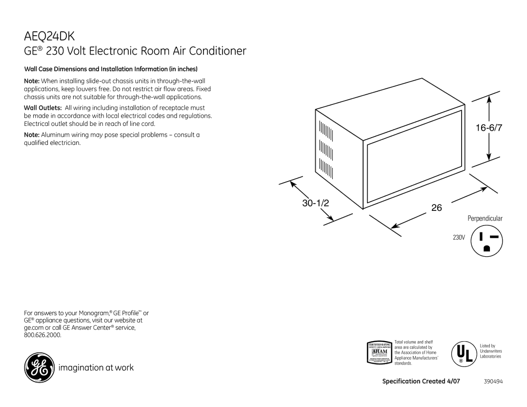 GE AEQ24DK dimensions GE 230 Volt Electronic Room Air Conditioner, 30-1/2 16-6/7, Perpendicular 