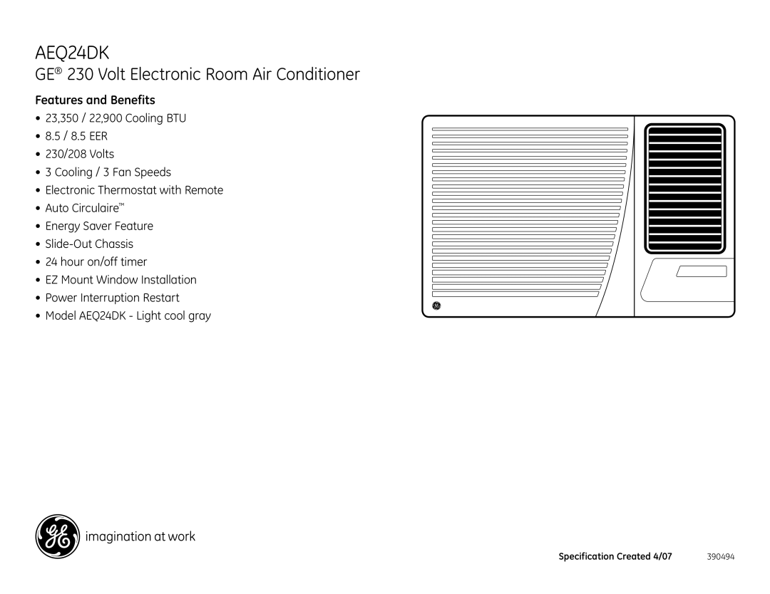 GE AEQ24DK dimensions Features and Benefits 