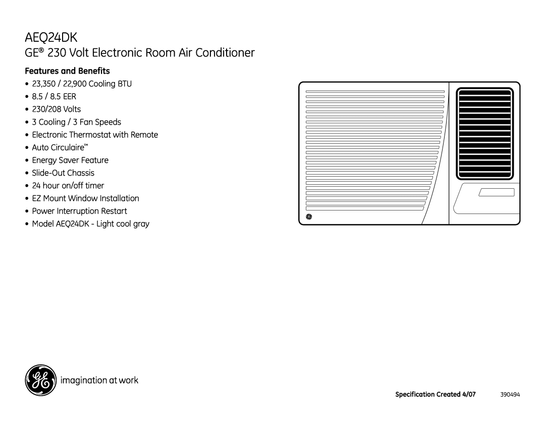 GE AEQ24DK GE 230 Volt Electronic Room Air Conditioner, Features and Benefits, 23,350 / 22,900 Cooling BTU 8.5 / 8.5 EER 