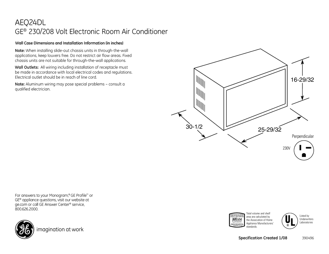 GE AEQ24DL dimensions GE 230/208 Volt Electronic Room Air Conditioner, 30-1/2 16-29/32 25-29/32, Perpendicular 