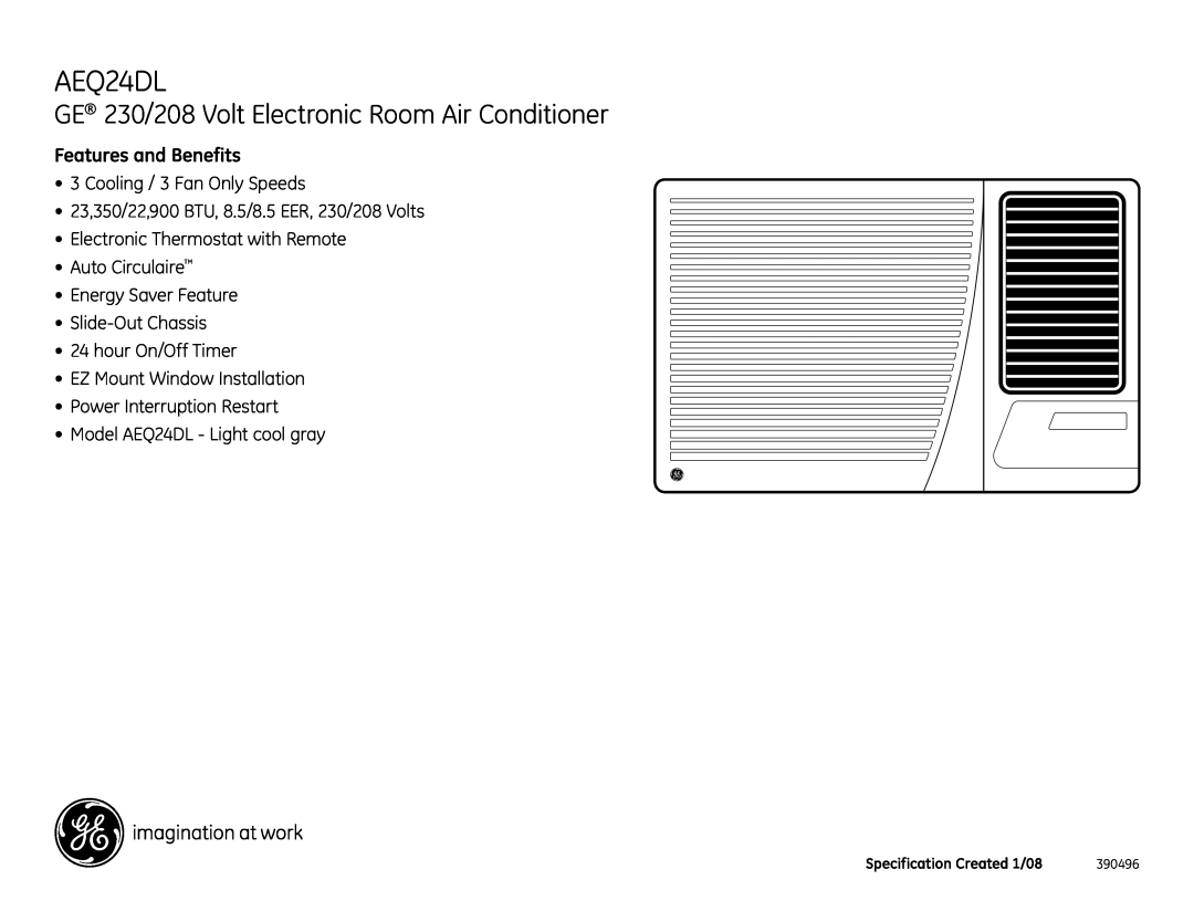 GE AEQ24DL GE 230/208 Volt Electronic Room Air Conditioner, Features and Benefits, Cooling / 3 Fan Only Speeds, 390496 